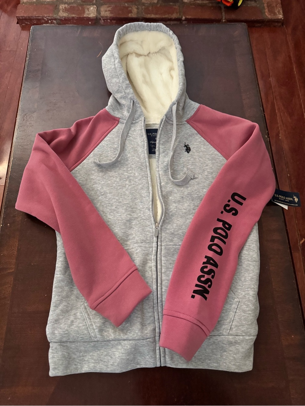 U.S. Polo Assn. Grey & Mauve Kids Zip Hoodie with Sherpa Lining